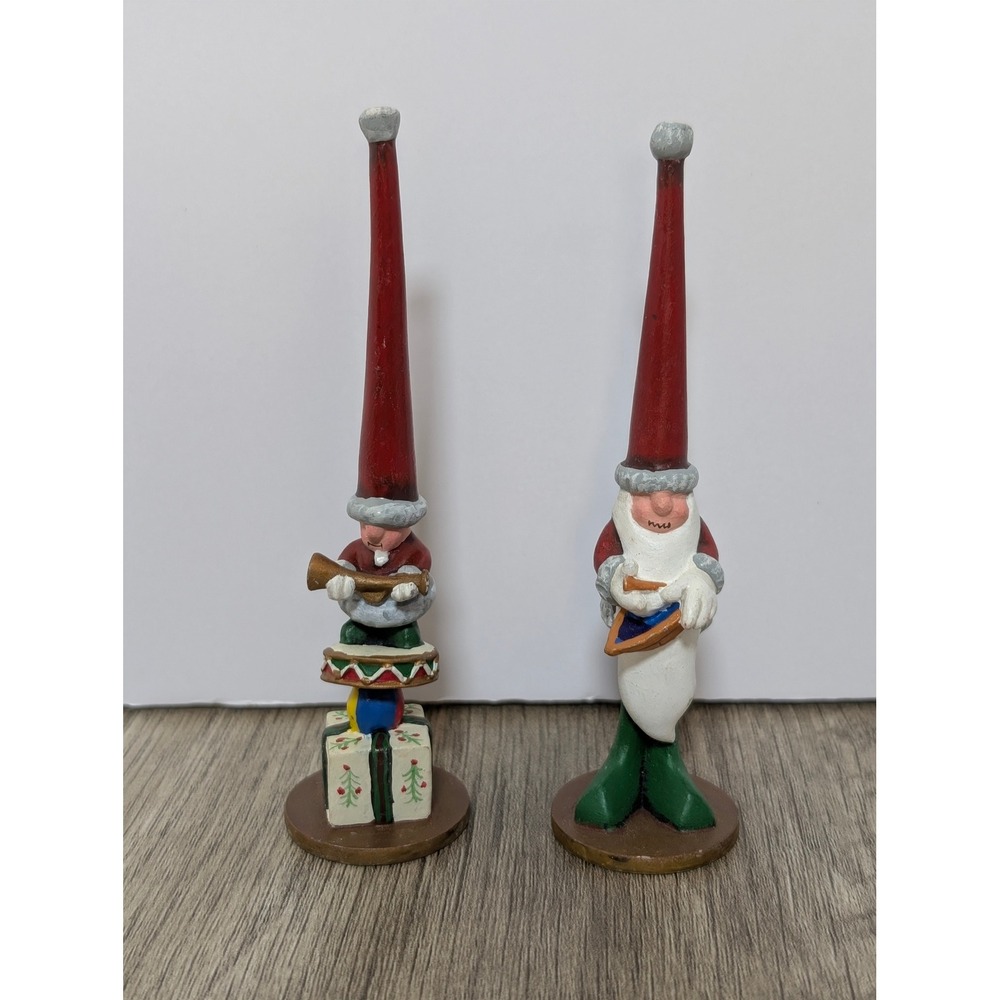 Vintage Style Christmas Elf Figurines Set of 2 Tall Red Hat Gnomes Decor